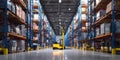 The forklift navigating through a vast and organized warehouse setting. AI generated image Royalty Free Stock Photo