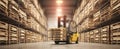 The forklift navigating through a warehouse filled with stacked pallets. AI generated image Royalty Free Stock Photo
