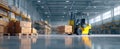 The forklift navigating in a well-organized warehouse filled with boxes. AI generated image Royalty Free Stock Photo