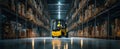The forklift navigating through a well-organized warehouse filled with boxes. AI generated image Royalty Free Stock Photo