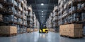 The forklift navigating through a well-organized warehouse full of boxes. AI generated image Royalty Free Stock Photo