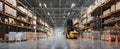 The forklift navigating through a well-organized warehouse space filled with boxes. AI generated image Royalty Free Stock Photo