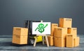 Forklift near boxes and easel with green dollar arrow up. Growth trade and production rates, increased sales. Economic growth,