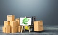 Forklift near boxes and easel with green euro positive trend growth chart. Rise rade production rates sales. Economic rise