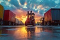 A forklift operates at sunset amidst colorful shipping containers Royalty Free Stock Photo