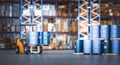 Forklift operates in warehouse aisle