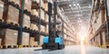 The forklift operating in a large, bright warehouse filled with stacked pallets. AI generated image Royalty Free Stock Photo