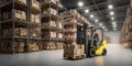 The forklift operating in a well-organized warehouse filled with boxes. AI generated image Royalty Free Stock Photo