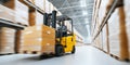 Forklift operator driving through a modern warehouse, moving goods and optimizing logistics, speed motion blur Royalty Free Stock Photo