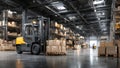 Forklift operator maneuvering through a spacious warehouse filled with stacked pallets, showcasing efficient logistics and Royalty Free Stock Photo