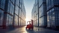 A forklift operator navigating through towering stacks of flat rectangular glass panels used for solar energy collection