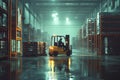 Forklift Operator Navigating a Warehouse Aisle with Lifting Pallets in a Dimly Lit Industrial Setting Royalty Free Stock Photo
