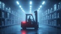 forklift operator works in dimly lit warehouse, surrounded by shelves filled with stacked pallets. blue lighting creates dramatic Royalty Free Stock Photo
