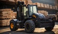 Forklift Parked in Front of Stacks of Lumber