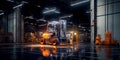 Forklift parked in warehouse with lights on the ceiling and on the floor. Generative AI Royalty Free Stock Photo