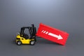 Forklift and sea ship container. Data analysis and statistics of freight traffic. Trade balance, imports and exports Royalty Free Stock Photo