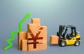 Forklift and stack of boxes with yen or yuan symbol and green up arrow. Sales growth concept. Increase imports and exports, post