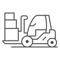 Forklift thin line icon, airlines concept, forklift truck control vector sign on white background, luggage on forklift