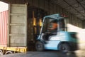 Forklift Tractor Loading Cargo Boxes Pallets into Container Trucks. Shipping Truck. Supply Chain Cargo Shipment. Distribution