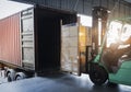 Forklift Tractor Loading Package Boxes into Cargo Container at Dock Warehouse. Delivery Service. Shipping Warehouse Logistics.