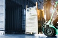 Forklift Tractor Loading Package Boxes into Container Truck. Warehouse Shipping. Freight Truck Transport Logistic Royalty Free Stock Photo