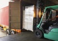 Forklift Tractor Loading Packaging Boxes into Shipping Container. Trucks Loading Dock Warehouse. Delivery Cargo Trucks Logistics Royalty Free Stock Photo