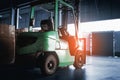 Forklift Tractor Parked in Warehouse. Forklift Loader. Warehouse Shipping. Logistics