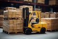 A forklift transporting boxes stacked on its back, Forklift stuffing-unstuffing pallets of cargo to container on warehouse leveler Royalty Free Stock Photo