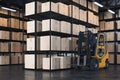 Forklift transporting cargo at warehouse. Forklift loader at storehouse. Pallet stacker truck equipment. 3d rendering.