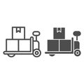 Forklift trolley with boxes line and solid icon, delivery and logistics symbol, Loaded hand warehouse cart vector sign Royalty Free Stock Photo