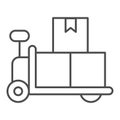 Forklift trolley with boxes thin line icon, delivery and logistics symbol, Loaded hand warehouse cart vector sign white Royalty Free Stock Photo