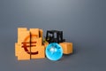 Forklift truck and boxes with Euro symbol. Trade and transportation of goods. Business globalization. Import export. Warehousing