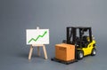 forklift truck carries a cardboard box and a sign with green a arrow up. Retail, resale, sales of products. Growth and stability