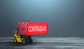 A forklift truck carries a red container contraband. Transportation of illegal prohibited goods. Border control, high corruption