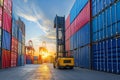 Forklift truck handling cargo shipping container box in logistic shipping yard Royalty Free Stock Photo