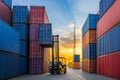 Forklift truck handling cargo shipping container box in logistic shipping yard Royalty Free Stock Photo
