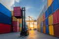 Forklift truck handling cargo shipping container box in logistic shipping yard Royalty Free Stock Photo
