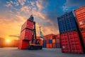Forklift truck handling cargo shipping container box in logistic shipping yard Royalty Free Stock Photo