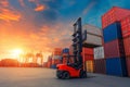 Forklift truck handling cargo shipping container box in logistic shipping yard Royalty Free Stock Photo