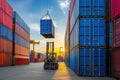 Forklift truck handling cargo shipping container box in logistic shipping yard Royalty Free Stock Photo