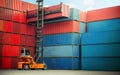 Forklift truck handling cargo shipping container box in logistic shipping yard with cargo container stack in background