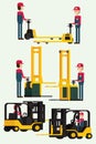 Forklift truck with human worker and worker man towing hand fork
