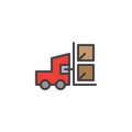Forklift truck with lifted cardboard boxes filled outline icon