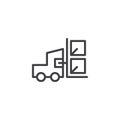 Forklift truck with lifted cardboard boxes line icon