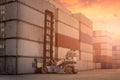 Forklift truck lifting cargo container in shipping yard Royalty Free Stock Photo