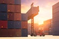 Forklift truck lifting cargo container in shipping yard or dock yard Royalty Free Stock Photo