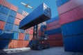 Forklift truck lifting cargo container in shipping yard or dock yard against sunrise sky for transportation import Royalty Free Stock Photo