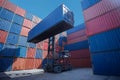 Forklift truck lifting cargo container in shipping yard or dock yard against sunrise sky for transportation import