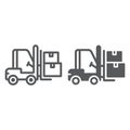 Forklift truck line and glyph icon, logistic and delivery, bendi truck with boxes sign vector graphics, a linear icon on Royalty Free Stock Photo