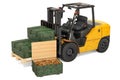 Forklift truck with military wooden ammunition boxes full of rifle bullets, 3D rendering